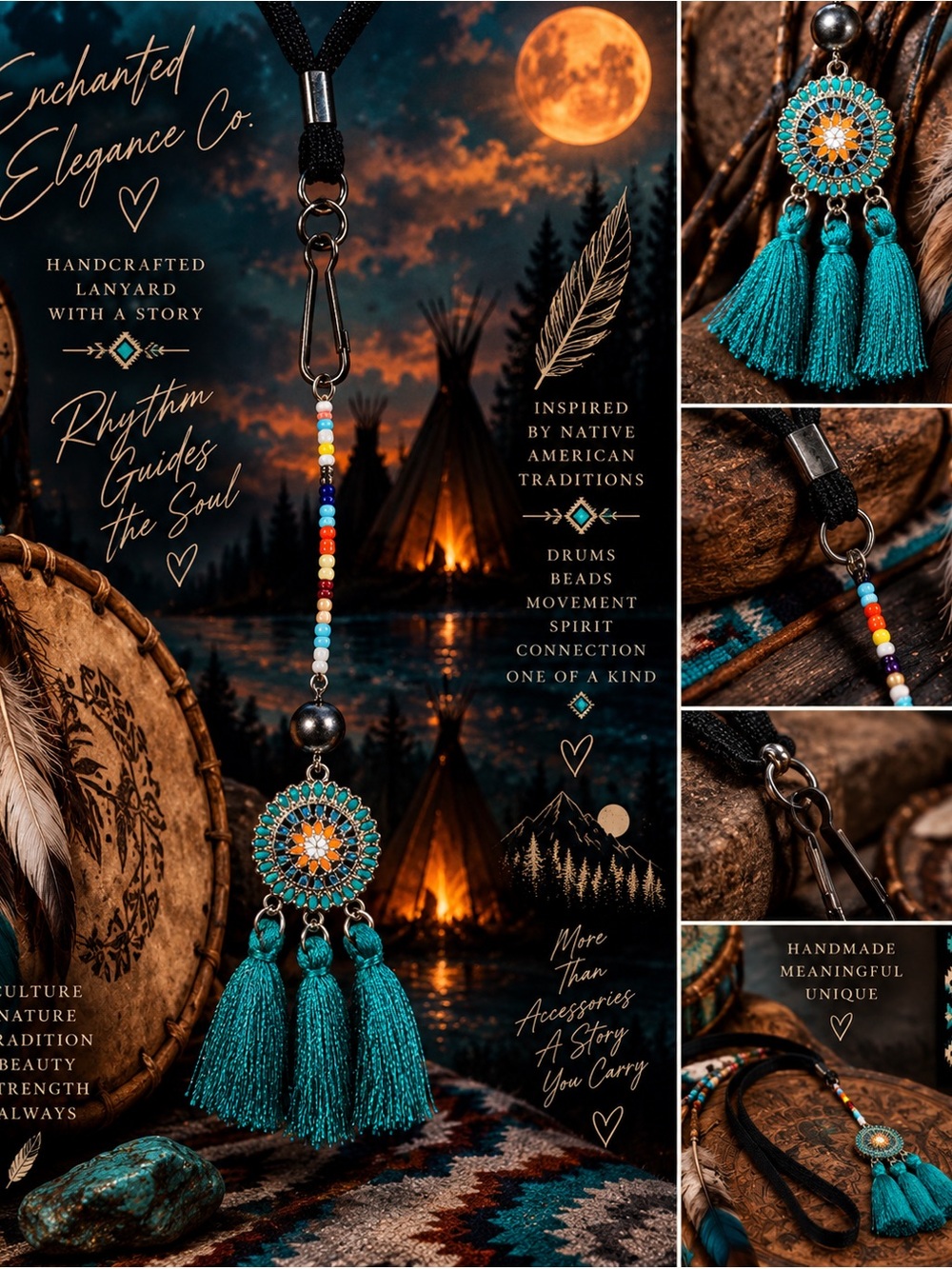 ✨ Native-Inspired Turquoise Tassel Beaded Lanyard | Handmade OOAK |